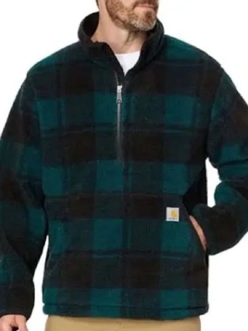 Carhartt Teal & Black Plaid quarter-zip sherpa fleece pullover